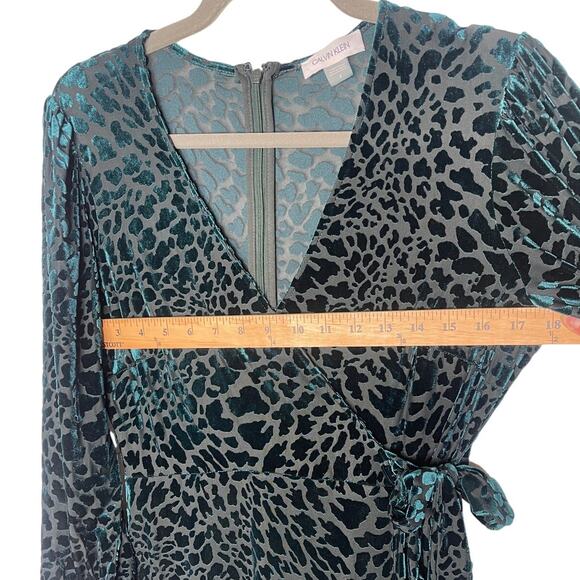 Calvin Klein 8 Burnout Velvet Animal Print Long Sleeve Wrap Dress Teal Green EUC - Picture 9 of 11